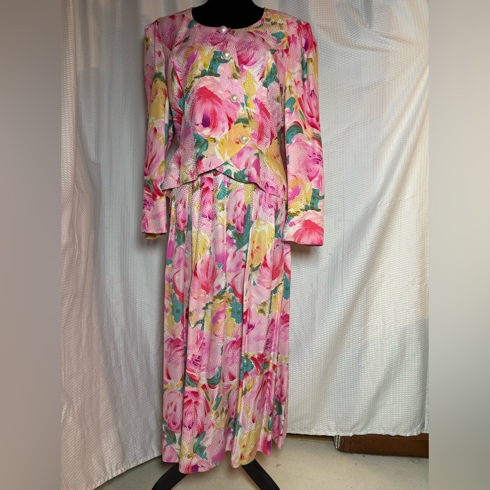 Maggy London VTG 100% silk elegant floral jacket & skirt set watercolor style 12
